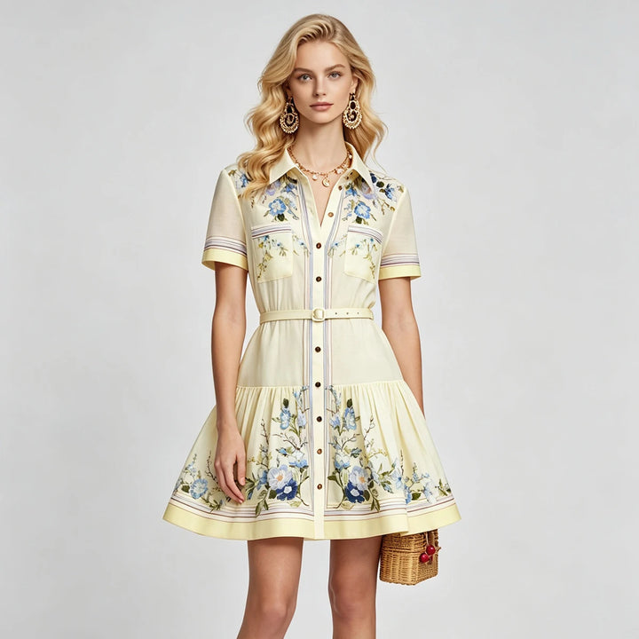 Yellow floral print slim mini dress with collared button-front and belt, short sleeves