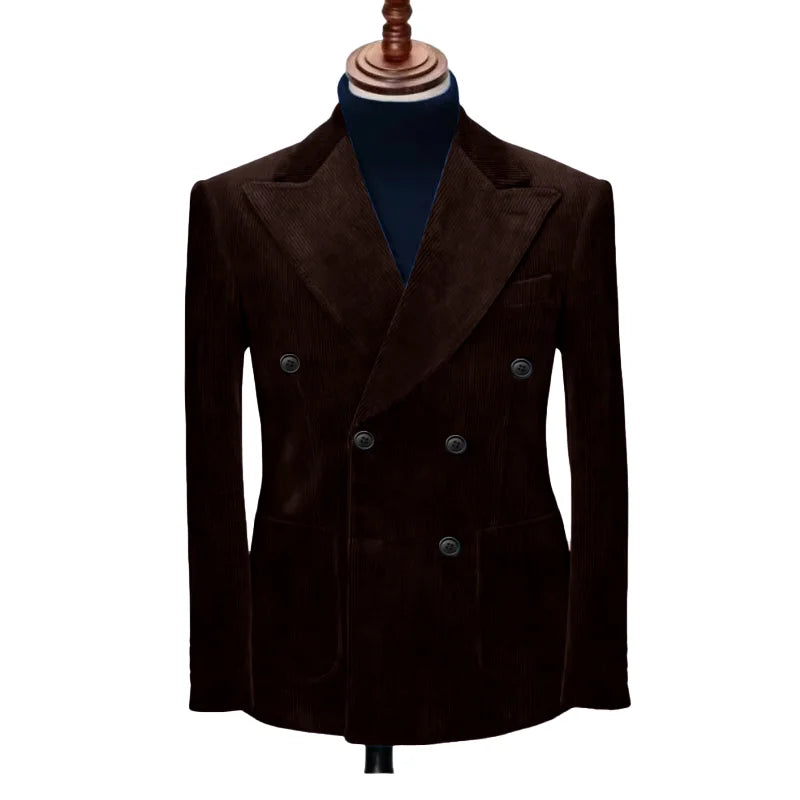 Dark brown men’s double-breasted formal blazer with notched lapels and long sleeves