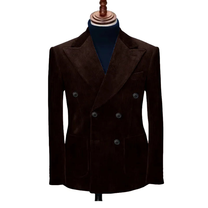 Dark brown men’s double-breasted formal blazer with notched lapels and long sleeves