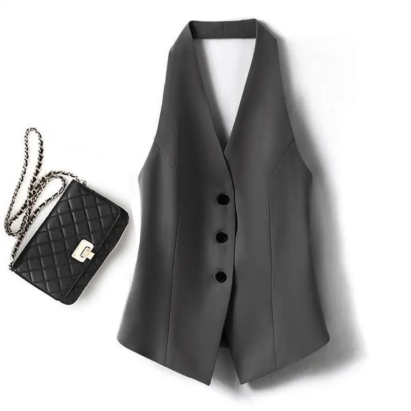 Women’s sleeveless V-neck blazer vest in dark gray, tailored front with three buttons