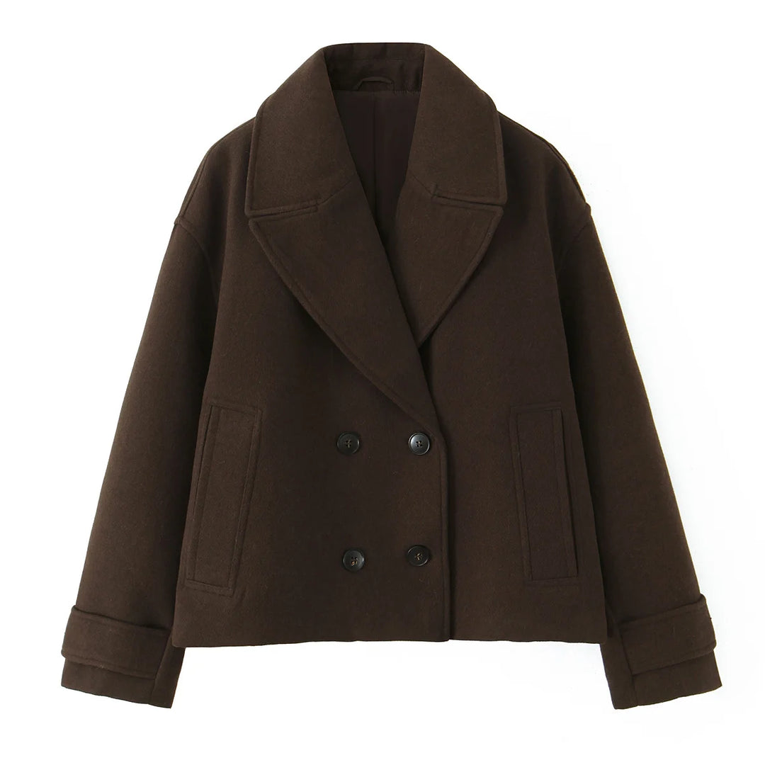 Brown short double-breasted overcoat with notched lapels and flap pockets