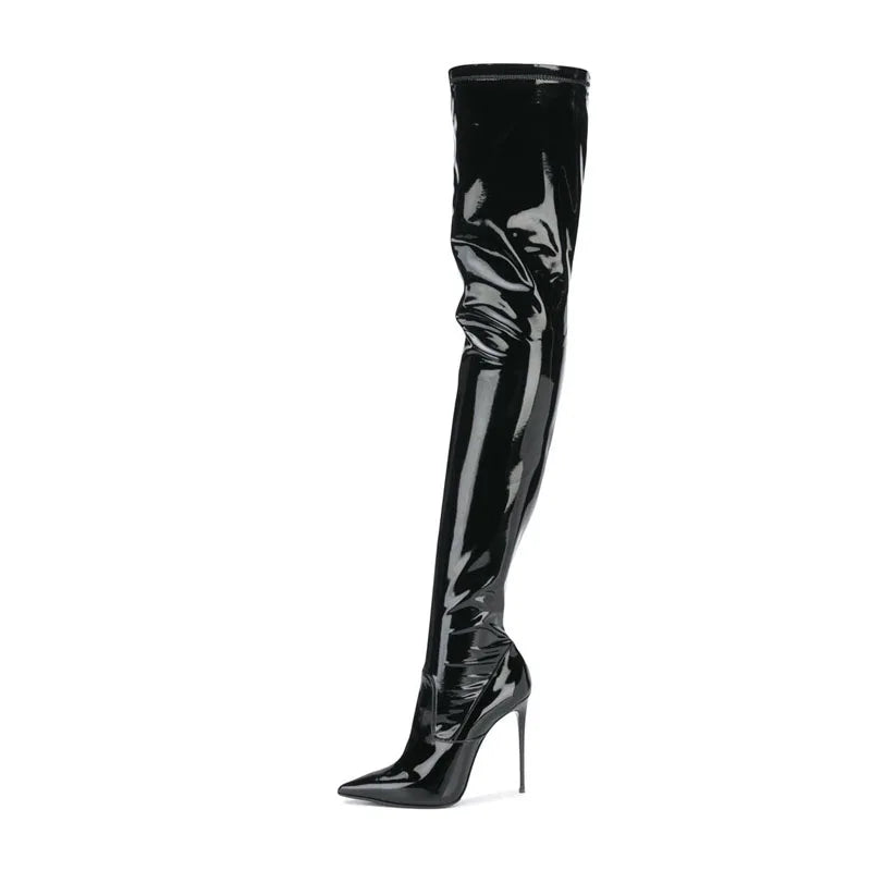 Black patent leather knee-high skinny heel boots with pointed toe