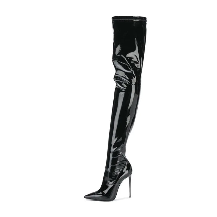 Black patent leather knee-high skinny heel boots with pointed toe