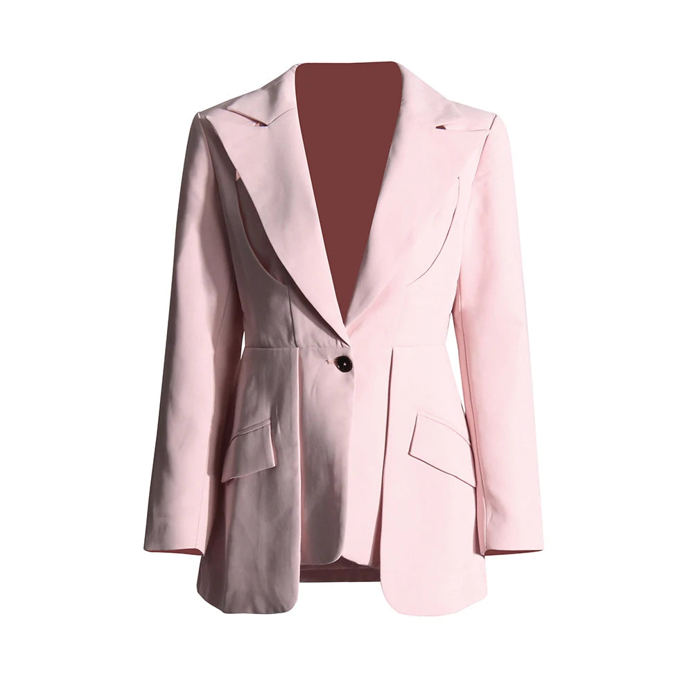 Pink slim blazer with notch lapels and button front; pocket flaps visible