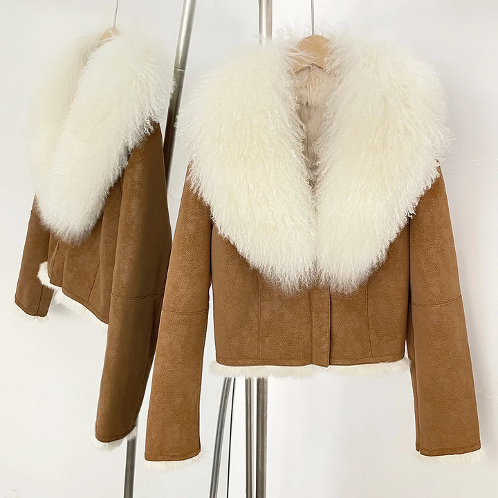 Camel suede wool coat with white fur collar and white fur-trim cuffs