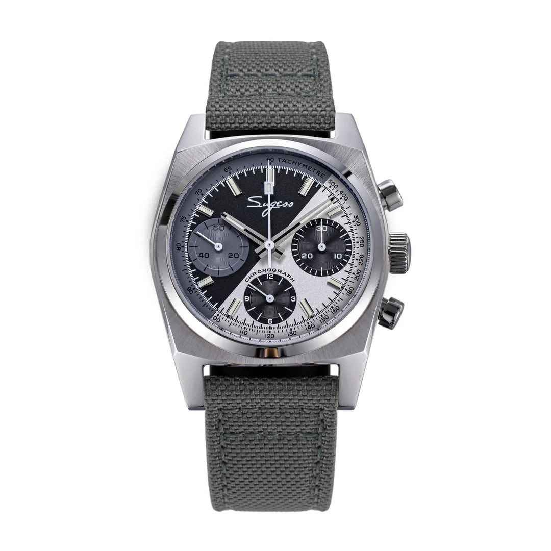 Silver chronograph watch with dark dial and gray fabric strap, three subdials