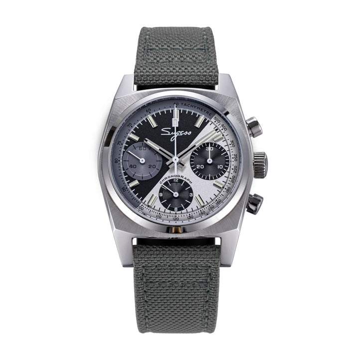 Silver chronograph watch with dark dial and gray fabric strap, three subdials