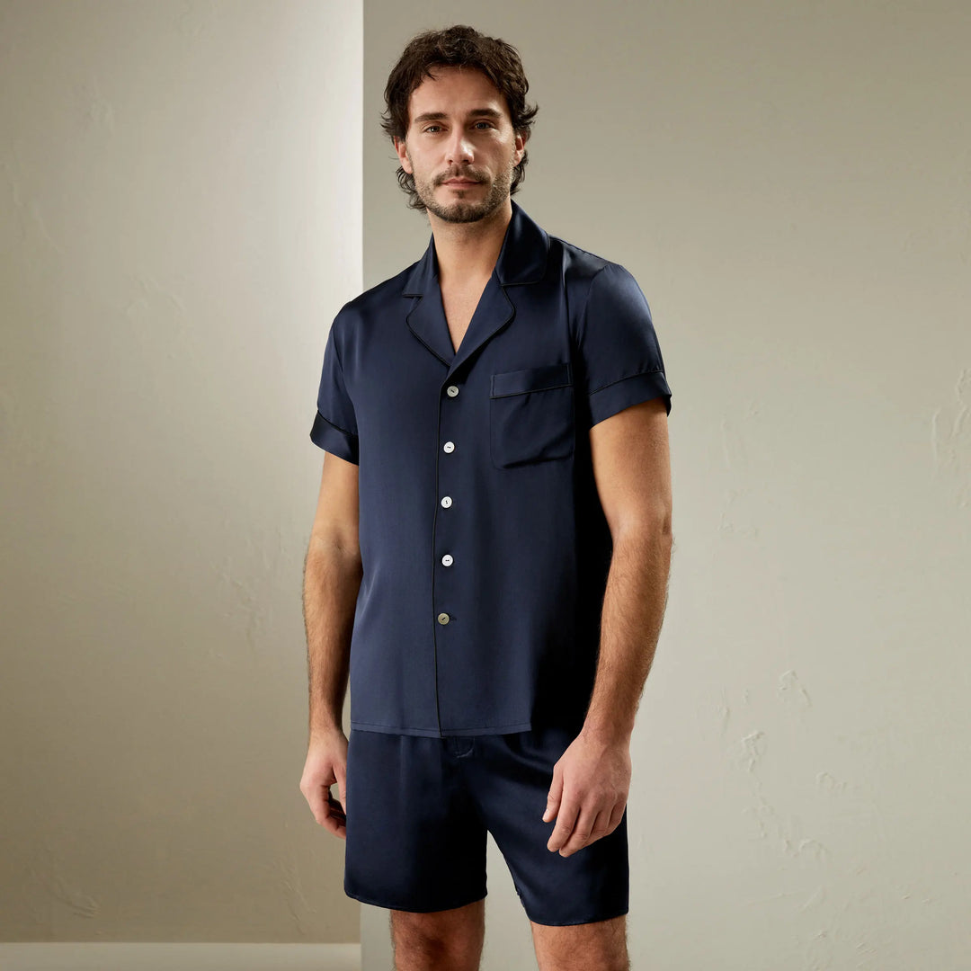 Contrast Trim Short Silk Pajama Set