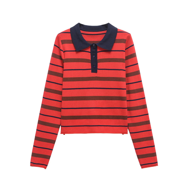 Orange-red striped polo sweater with navy collar and button placket