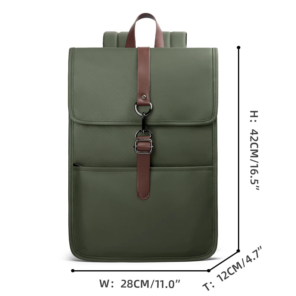 Green waterproof backpack, front view with flap and center buckle strap