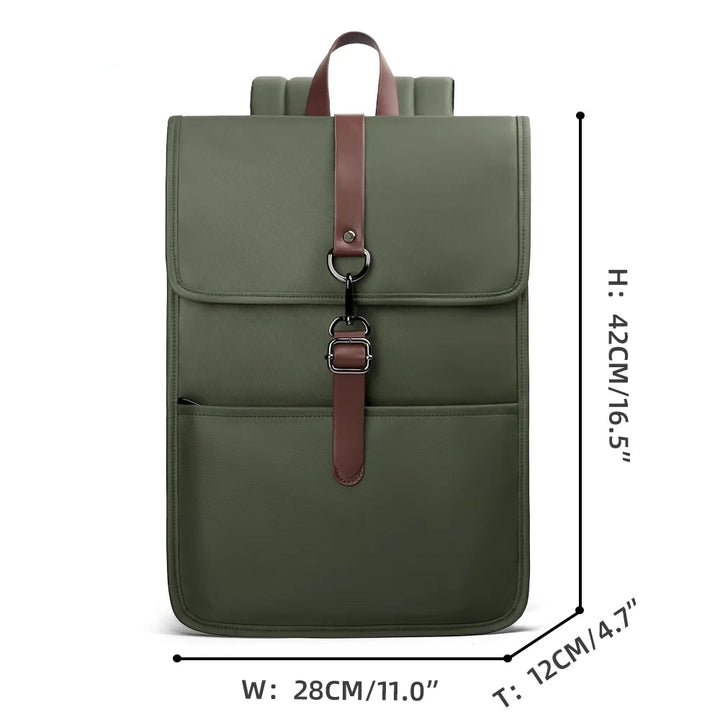 Green waterproof backpack, front view with flap and center buckle strap