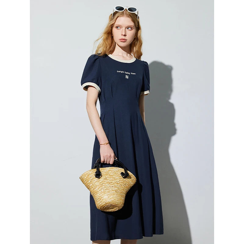 slimming navy blue dress Anewsta Women's New Elegant Sleeveless Halter Long Dress With Waist Pleats, Slimming Shiny Wavy Hem Dress, Navy Blue, Suitable For Banquet, Party,