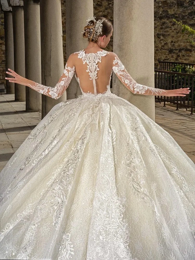 Robe de mariée vintage personnalisée, très bouffante, avec broderies, col rond, manches longues, robe de mariée
