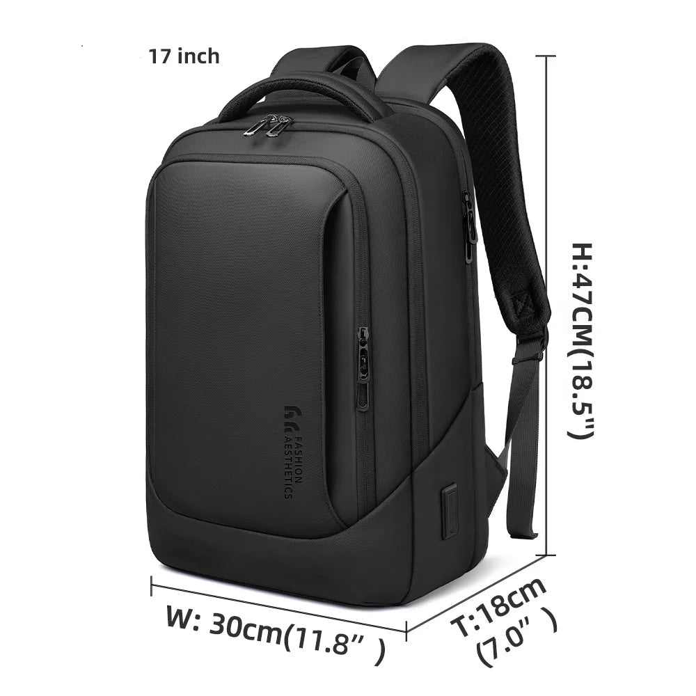 Black 17-inch waterproof business work backpack with padded shoulder straps