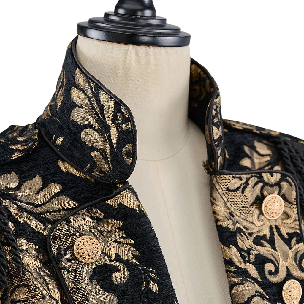 Neckline and front detail of black and gold steampunk coat with gold button accents