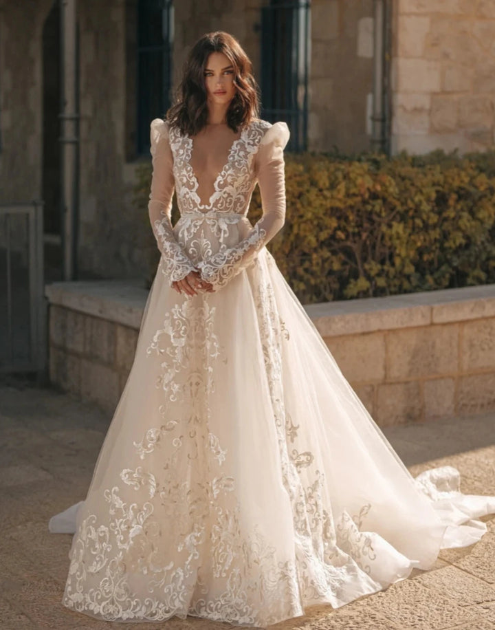 Deep V-Neck Lace Applique Bridal Gown