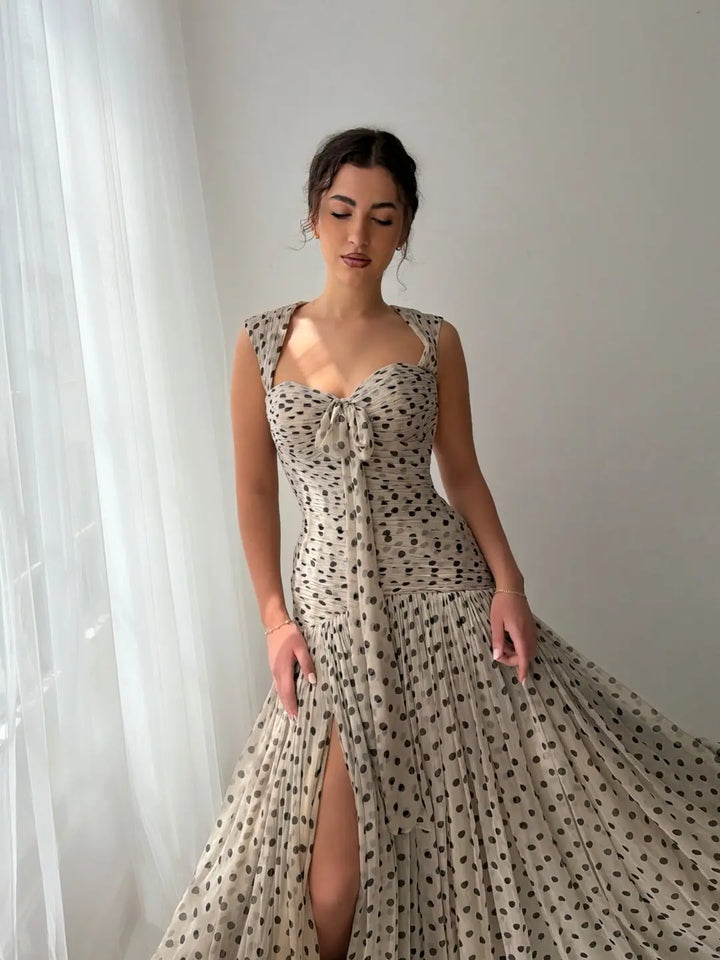 Polka dot chiffon evening dress with ruched bust detail and side slit, off-white