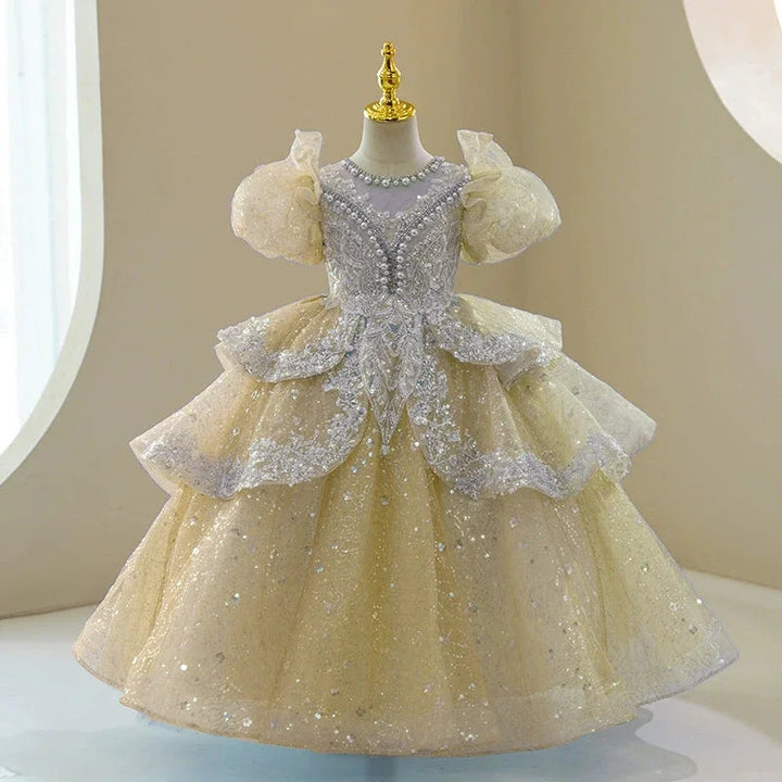Sparkly Beaded Ruffle Tulle Girl's Gown