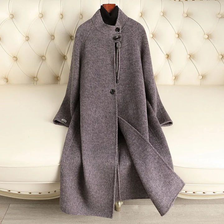 Wool-blend coat in heather purple, button-front stand collar, long sleeves, side pockets