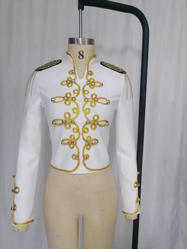 White jacket with gold embroidered trim, stand collar, and long sleeves on a mannequin