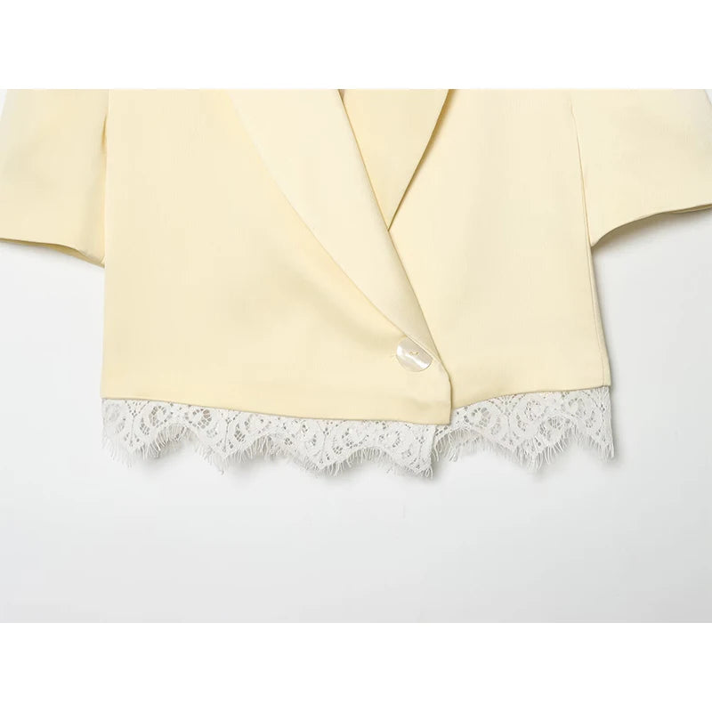 Beige cropped satin blazer with lace trim hem and one-button front