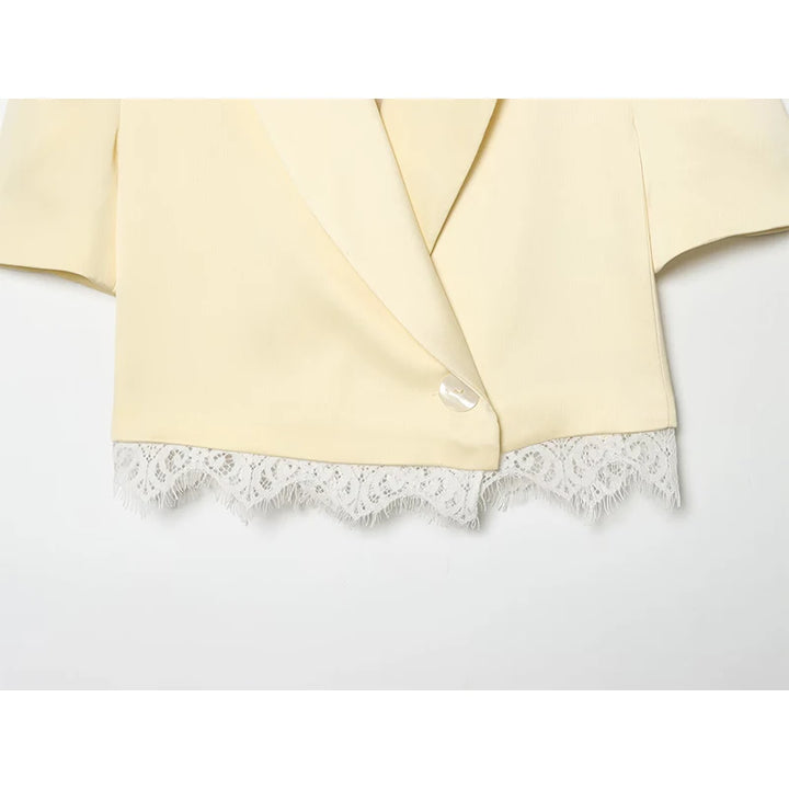 Beige cropped satin blazer with lace trim hem and one-button front