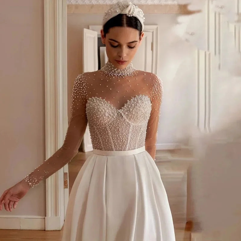 Luxurious Pearls High Collar Bridal Gown