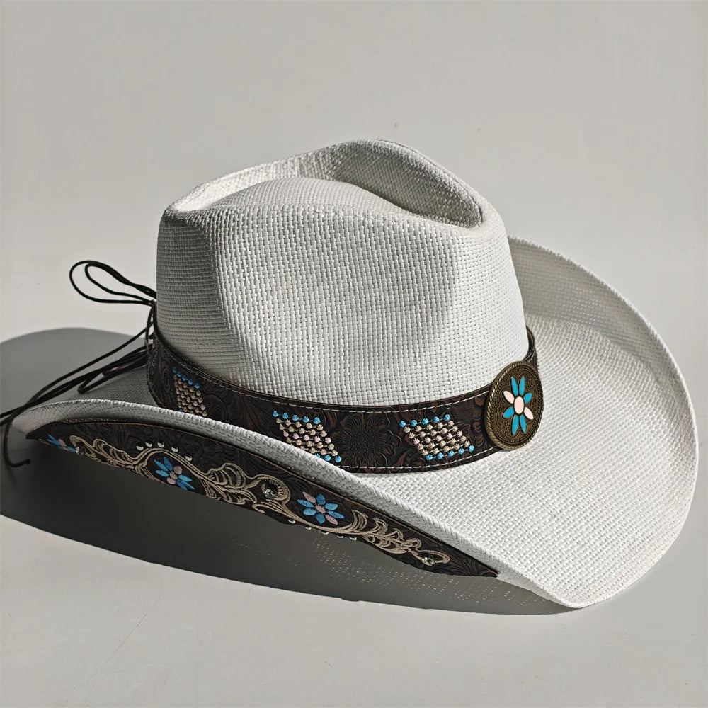 Embroidered cowboy sun hat, silver-gray with dark band, turquoise beadwork, decorative patch