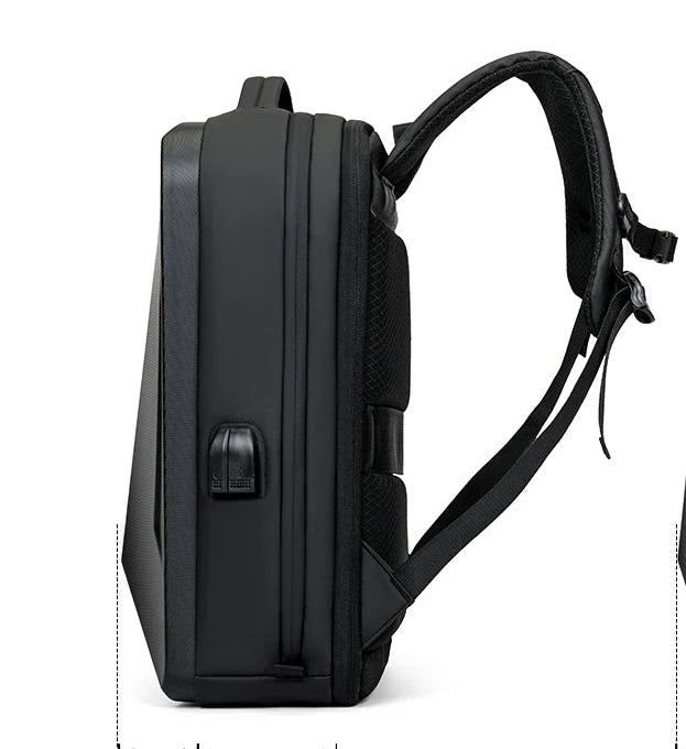 Expandable hard shell backpack, side view showing expansion capability