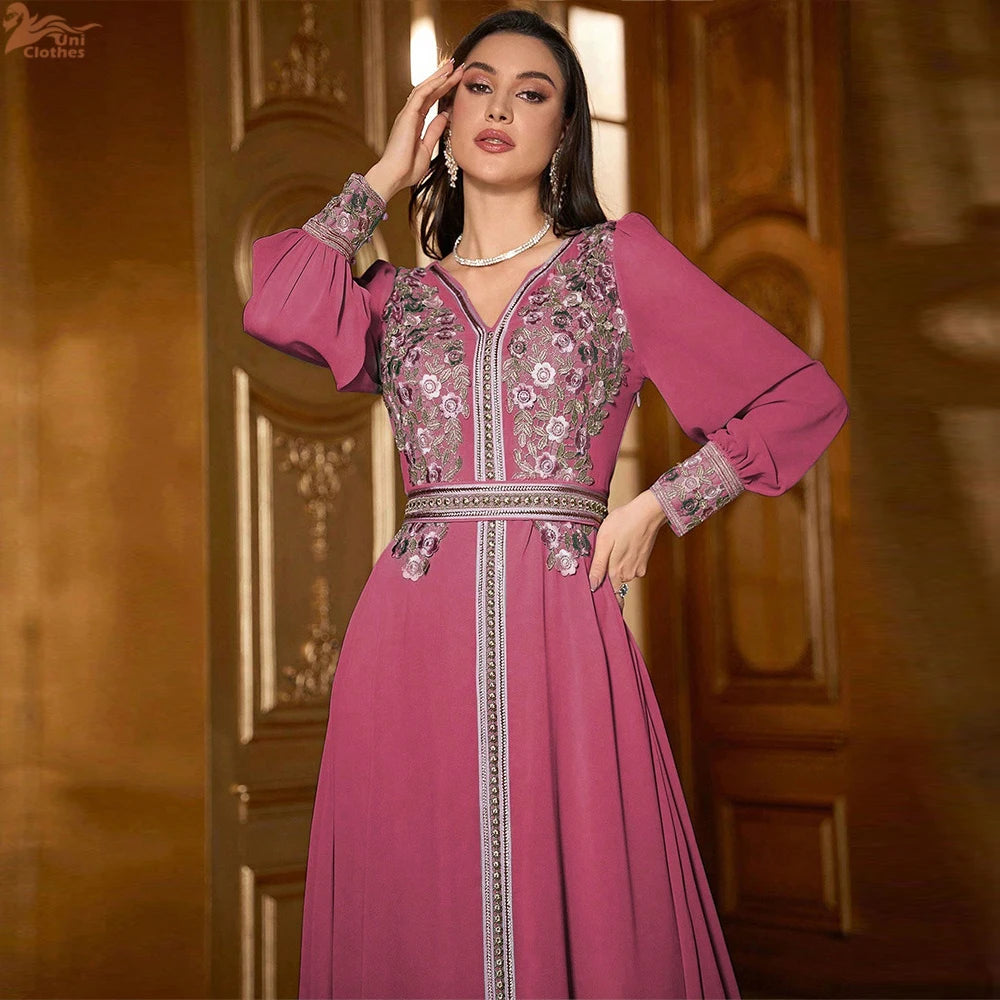 turkish embroidered dress Burgundy Frill Sleeve A Line Embroidered V Neck Turkish Kaftan Gown 42
