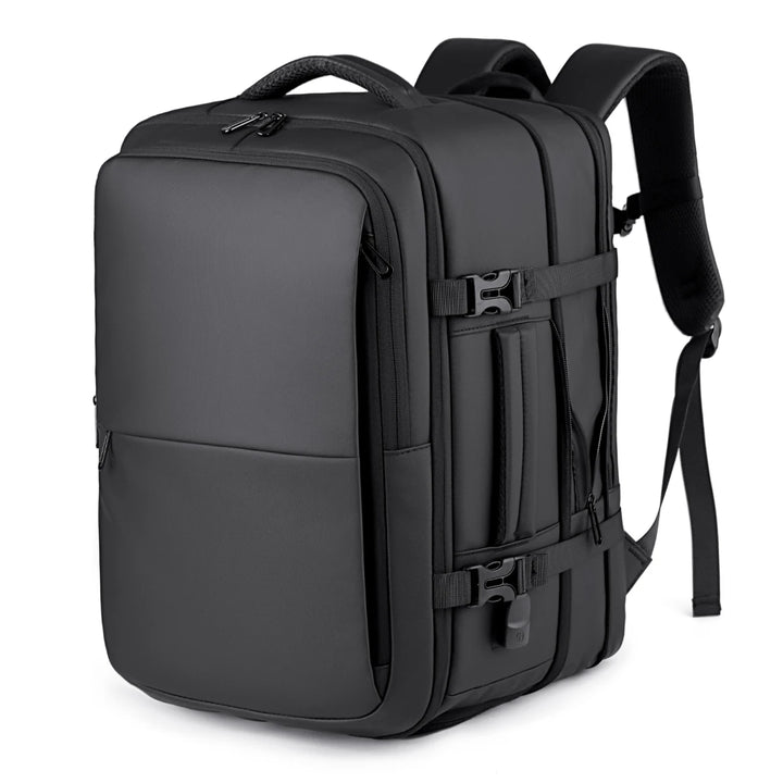 Black expandable business travel backpack with top handle and front zip pockets