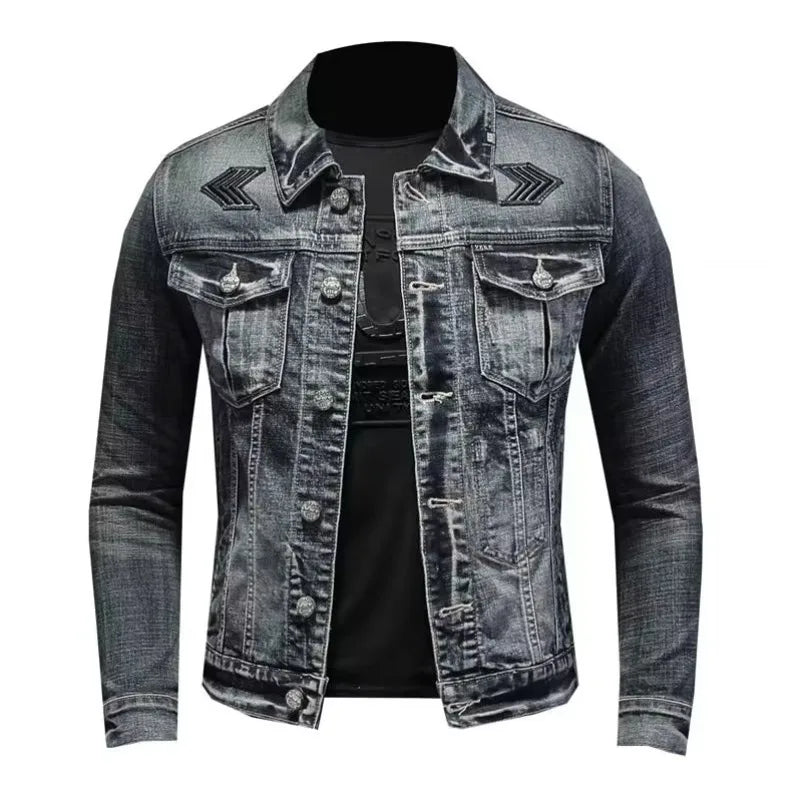 Blue-gray denim motorcycle jacket front with stand collar and two chest flap pockets, buttoned