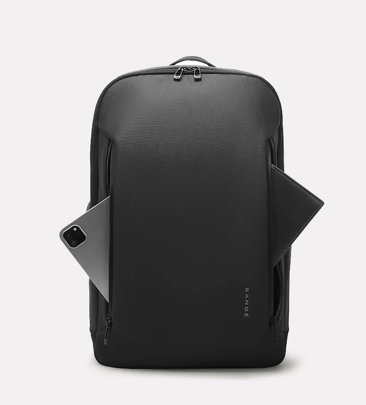 Black lightweight multi-pocket business backpack with top handle and zip closure
