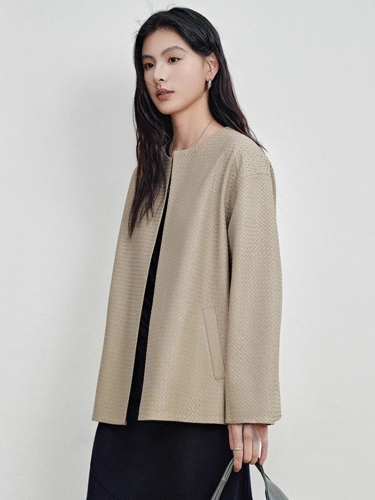 Beige woven leather-look belted jacket, long sleeves, front slit, side view