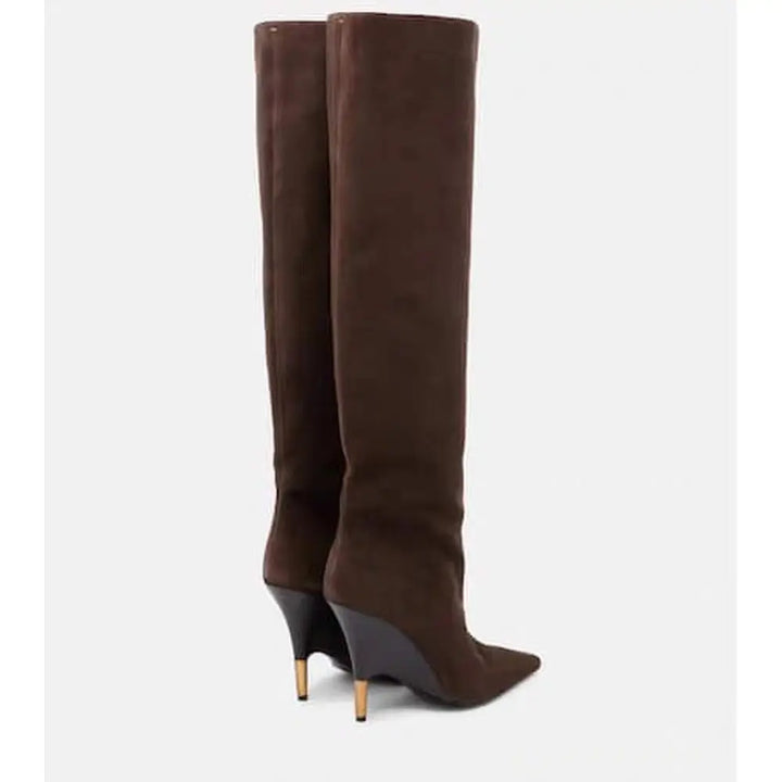 Brown faux suede knee-high boots with slim stiletto heel and pointed toe