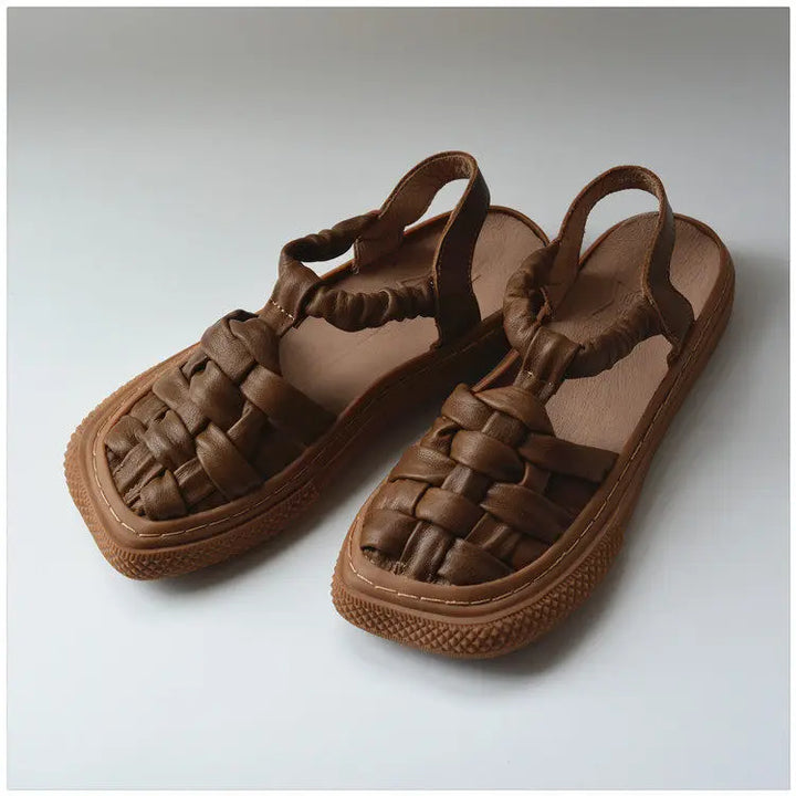 Coffee brown woven leather women’s casual slip-on shoes, pair view with thick sole