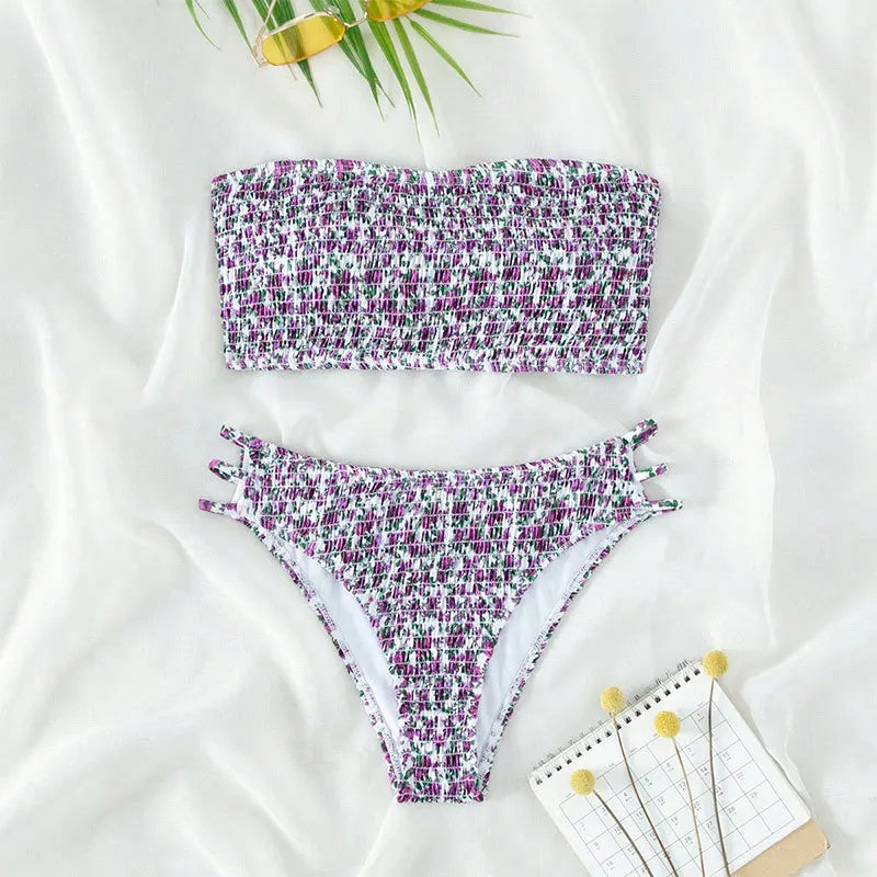 Purple-pink floral patterned bandeau bikini set with high-waist briefs
