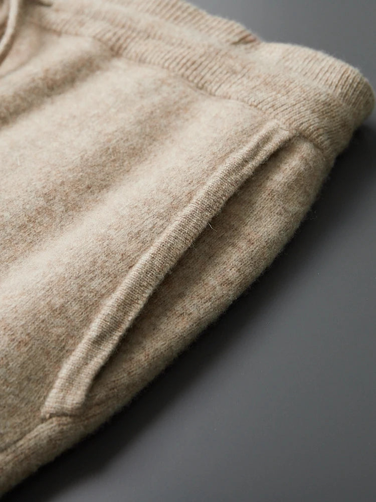 Beige wool knit sweatpants cuff and soft ribbed hem