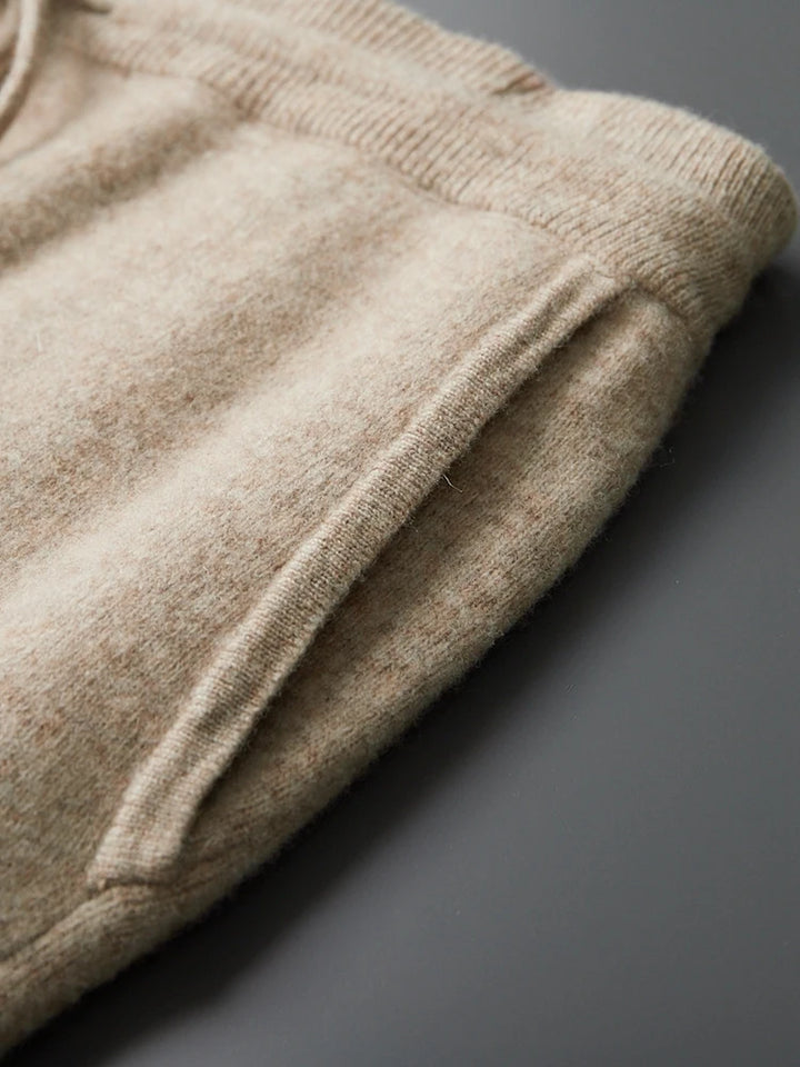 Beige wool knit sweatpants cuff and soft ribbed hem