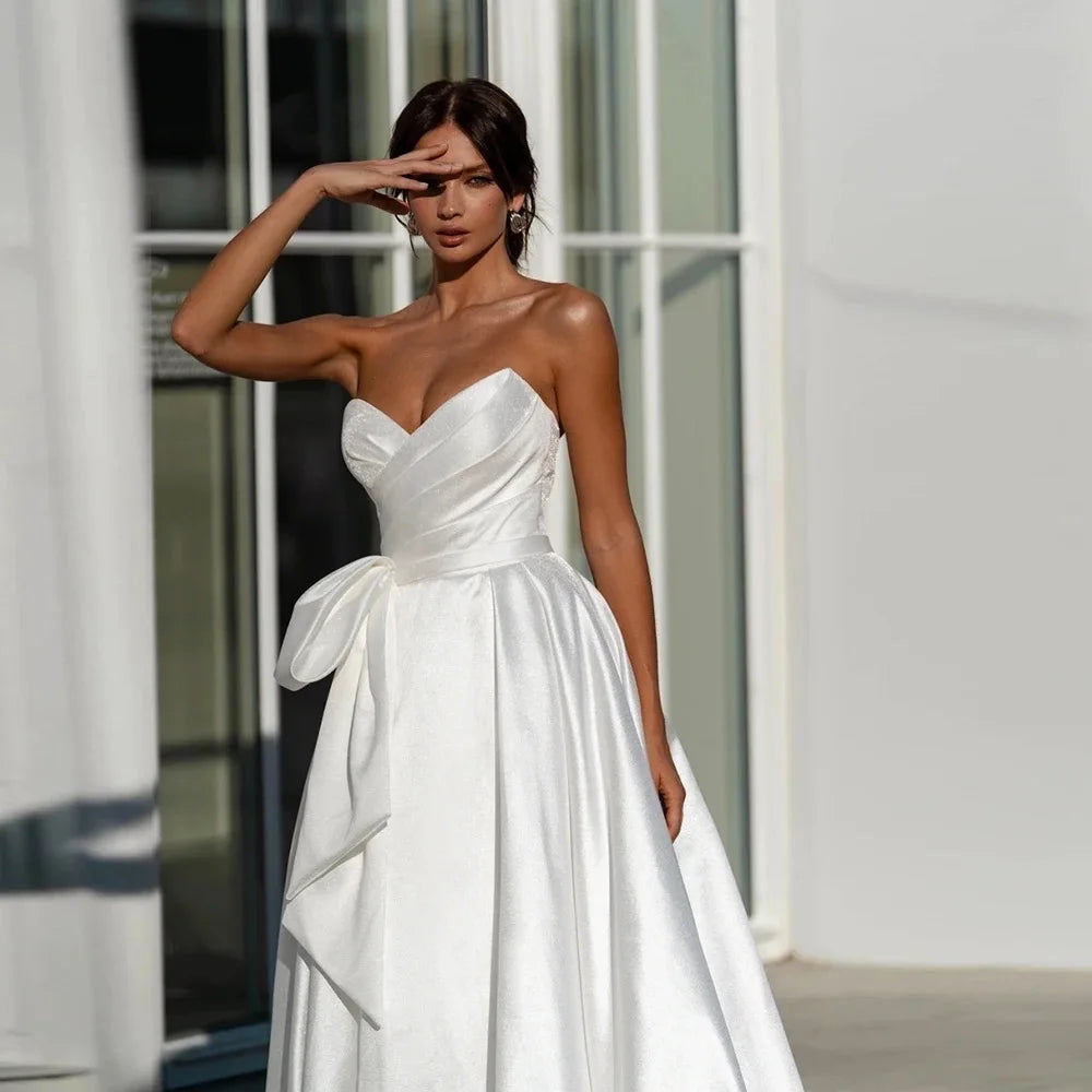 Pleat Side Slit Satin Wedding Gown