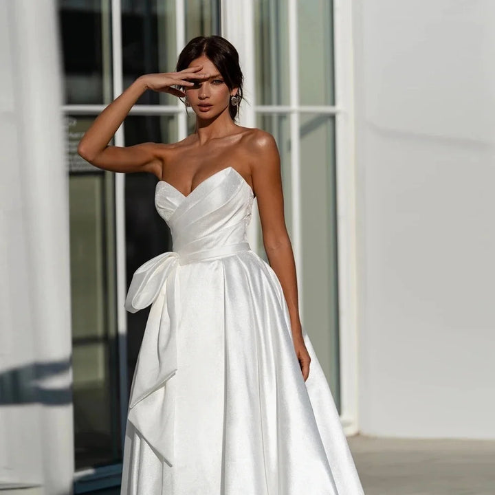Pleat Side Slit Satin Wedding Gown