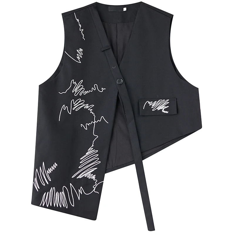 Black V-neck embroidered women's waistcoat with front buttons and stylized white script.