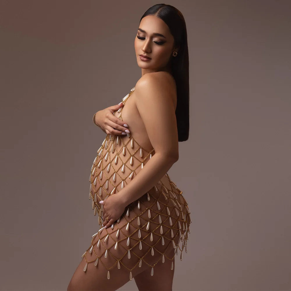 Gold beaded maternity bodycon dress with fringe drop accents
