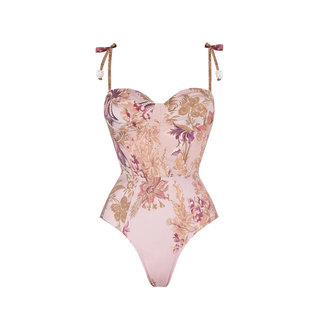 Pink floral underwire swim bodysuit with tie shoulder straps and high-cut bottom
