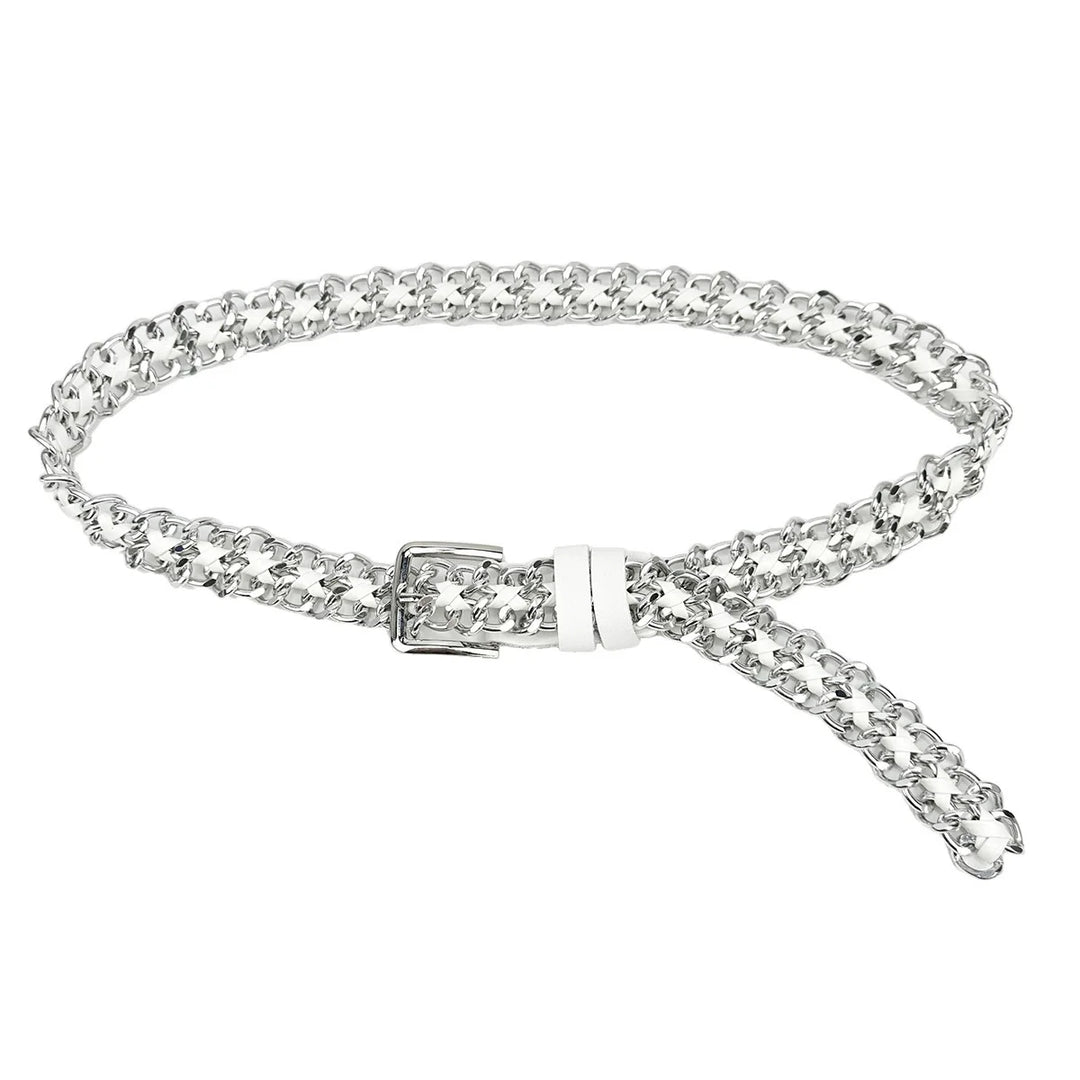 Silver chain detail leather belt with white center strap and dangling chain