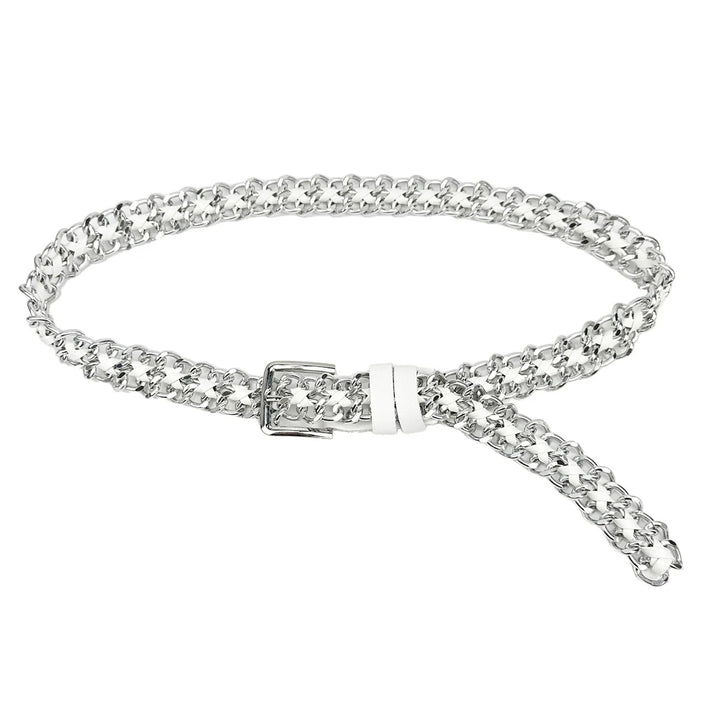 Silver chain detail leather belt with white center strap and dangling chain