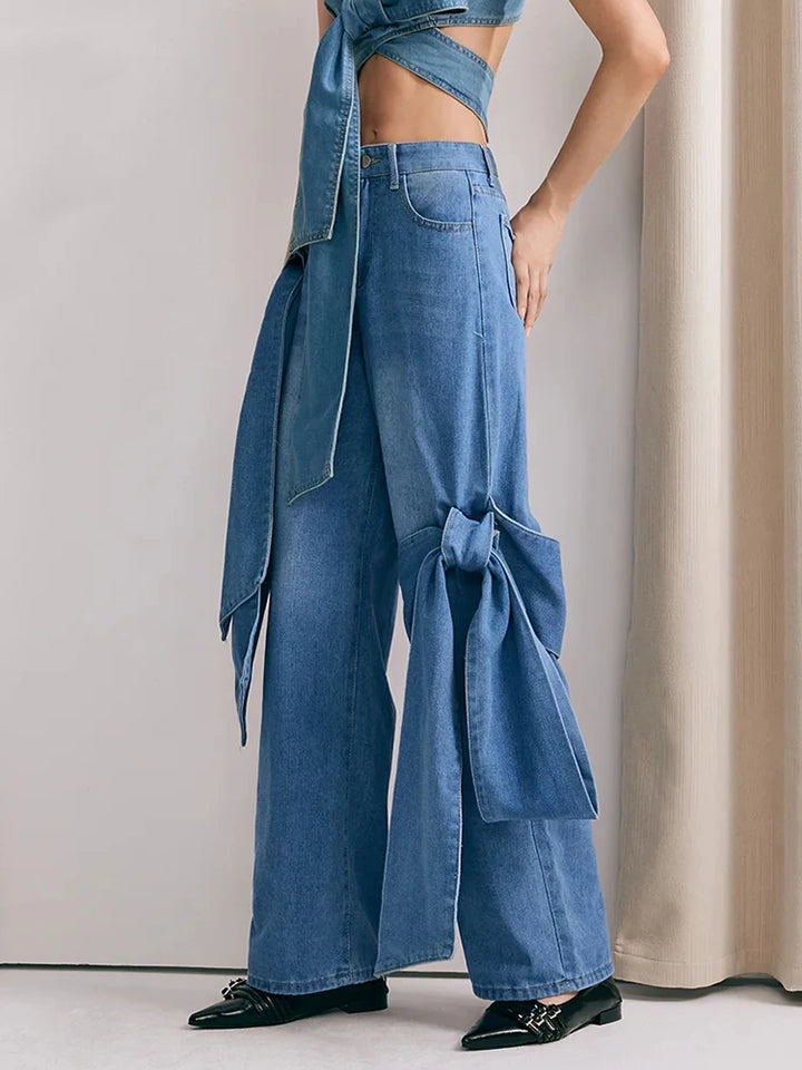 Spliced Pockets Loose Straight Denim Pants