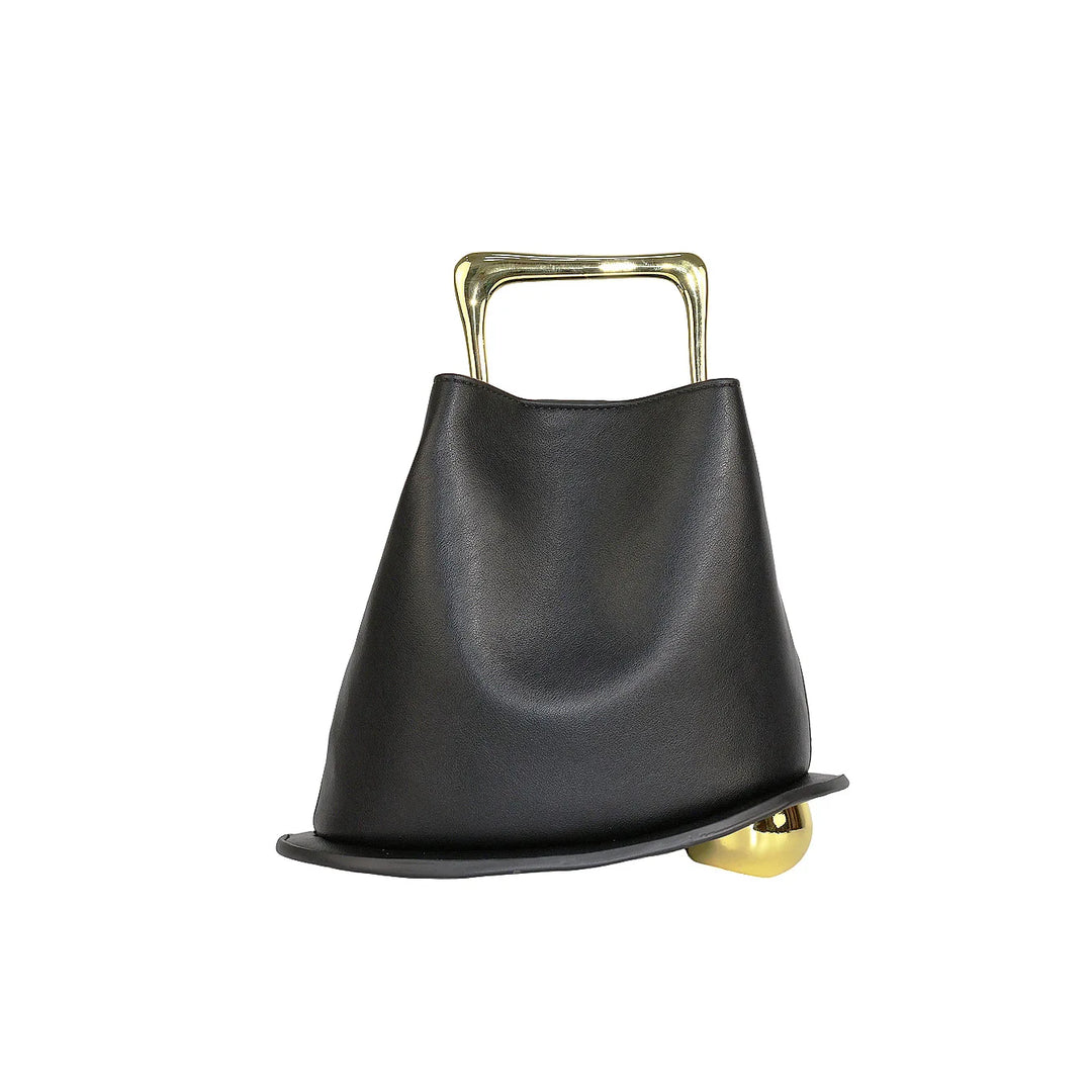 Black leather crossbody bag with top handle and folded drawstring silhouette
