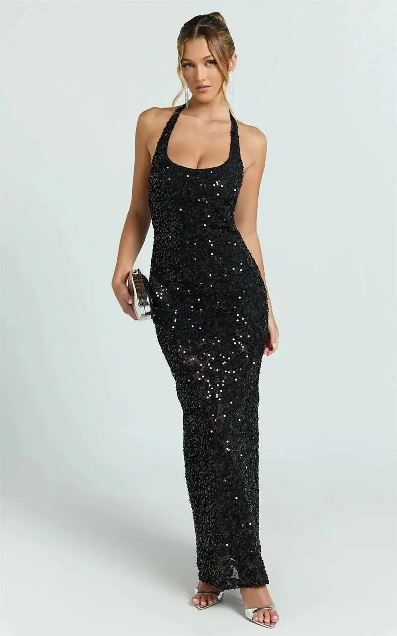 Black sequin bodycon gown with halter neckline, sleeveless and fitted