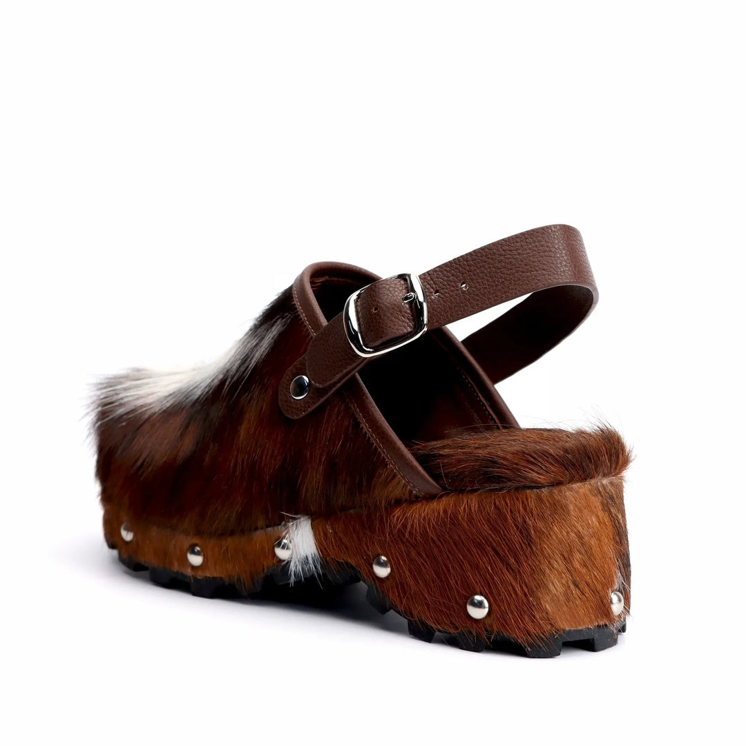 Adjustable Natural Calf Hair Studded Mules